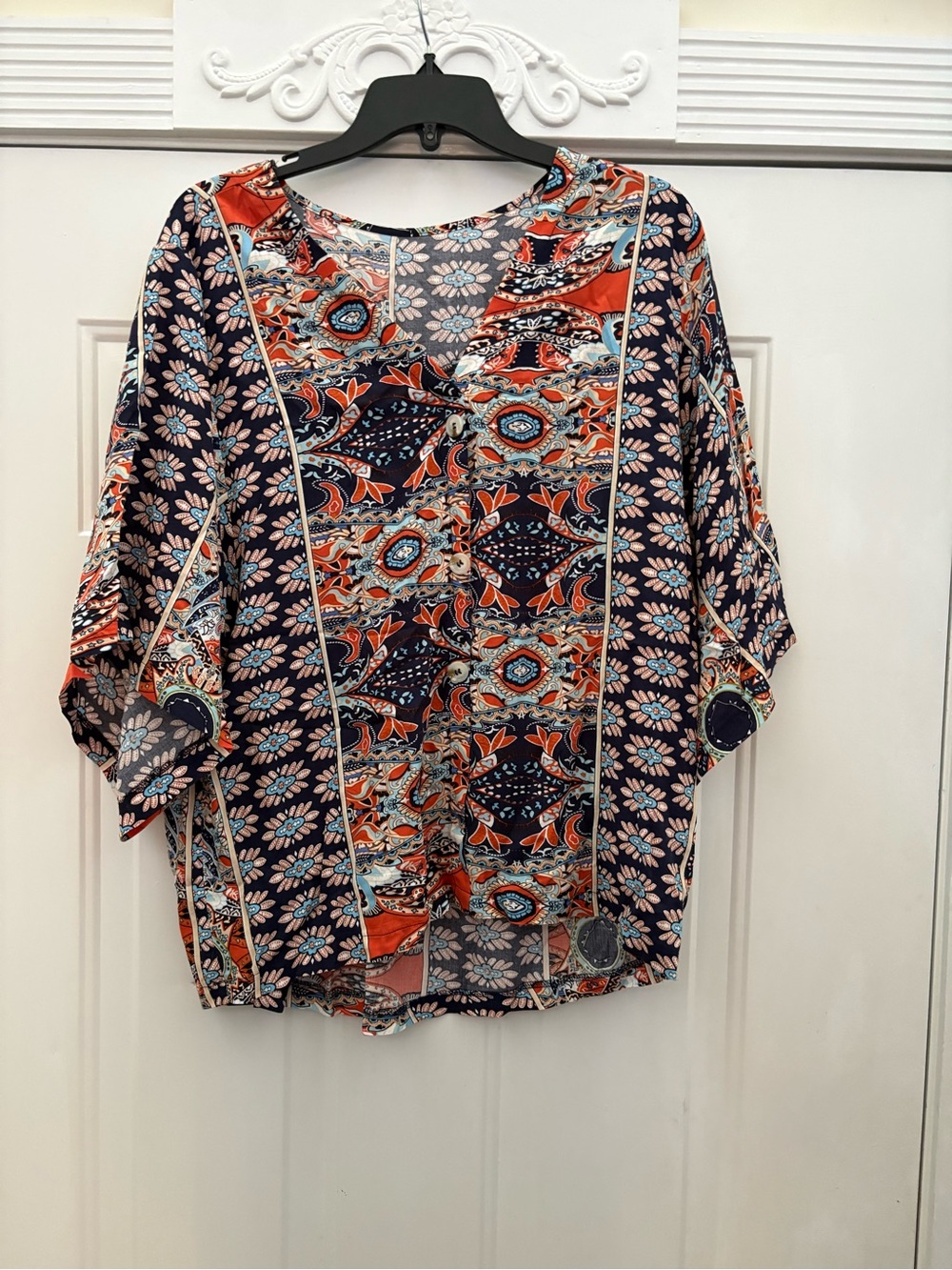 Boho Floral Print Mixed-Pattern Dolman Top - Navy & Orange
